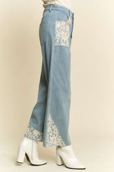 Davi & Dani Women's Lace Applique Wide Leg Jeans - Trendy Cotton Denim